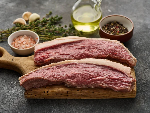 Picanha Raw Organic Beef Steaks Seasoning Rustic Dark Background Rump —  Fotos de Stock
