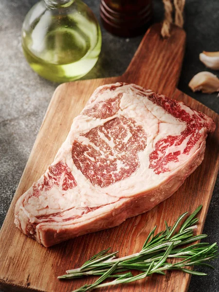 Raw Entrecote Wooden Board Fresh Marbled Beef — Stockfoto