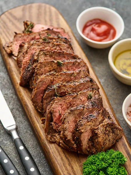 Grilled Sliced Beef Steak Cutting Board Grey Table Chuck Tenderloin — Stok fotoğraf