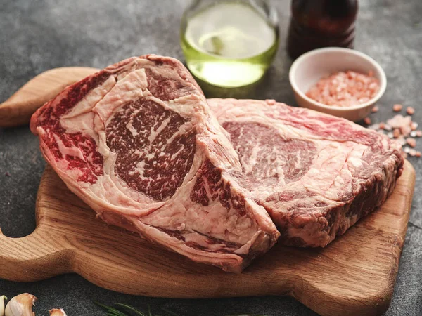 Raw Entrecote Wooden Board Fresh Marbled Beef — Stockfoto