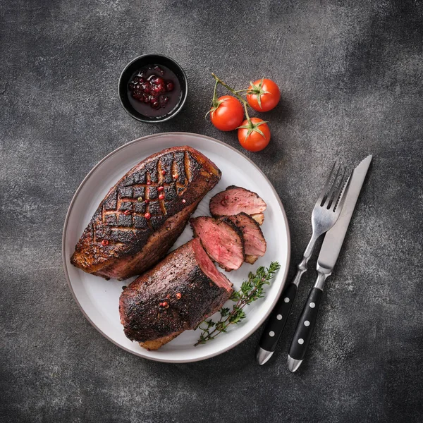 Juicy Tasty Fragrant Roasted Duck Breast White Plate Peppers Cherry — Stok fotoğraf