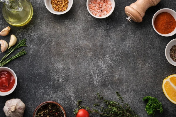 Food Background Herbs Spices Grey Stone Table — Stock Photo, Image