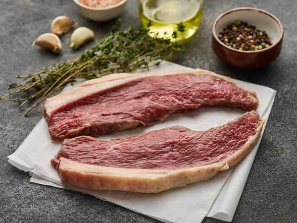 Two Raw Cap Rump Steak Top Sirloin Beef Meat Steak —  Fotos de Stock