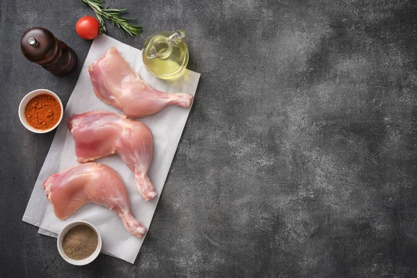 Skinless Raw chicken legs. Raw chicken legs for barbecue or soup. Fresh raw chicken legs. Top view.