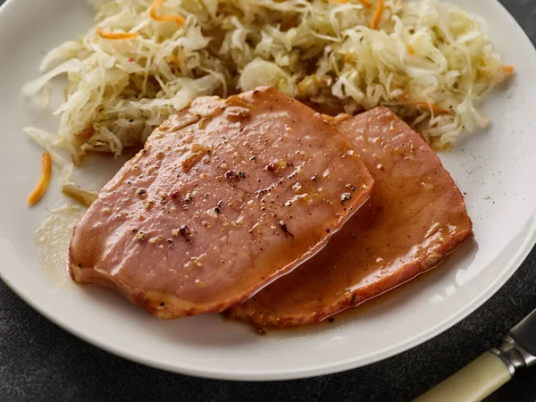 Backed Kasseler Pork Steak Sauerkraut Smoked Pork Lion Sliced Smoked — Stock Photo, Image