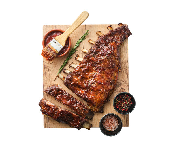 American style pork ribs glazed with  bbq souce with salt and pepper, isolated on white. Top view.