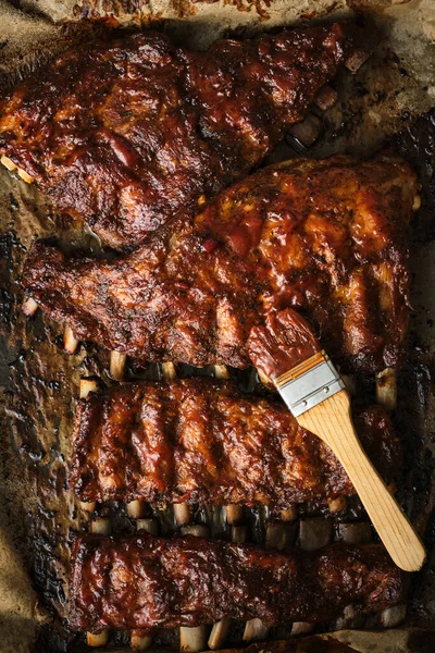 Grillet Ekstra Ribben Grillet Marineret Klæbrig Reservespareribs Top Udsigt Close - Stock-foto