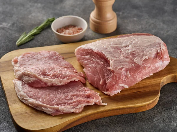 Raw Pork Loin Pork Meat Slices Meat Grey Background — Stock Photo, Image