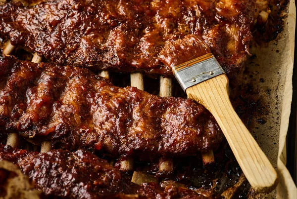 Grilled Spare Ribs Barbecued Marinated Sticky Spare Ribs Close — Stock Photo, Image