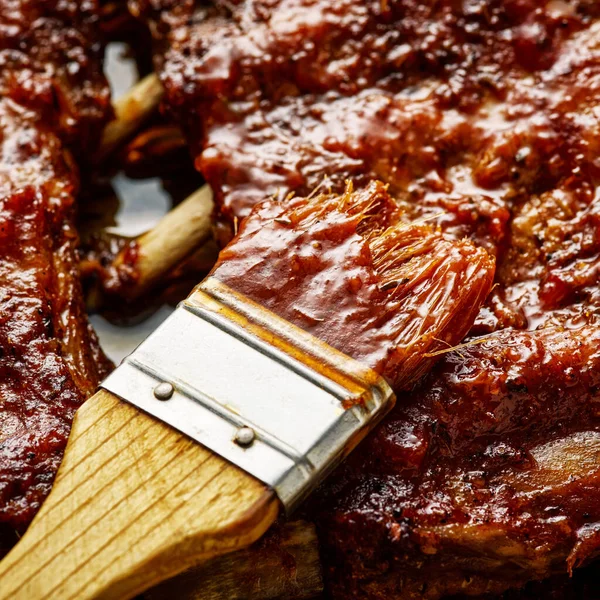 Amerikai Stílusú Sertésborda Barbecue Szószban Pácolva Mézzel Bbq Levessel Mázolva — Stock Fotó