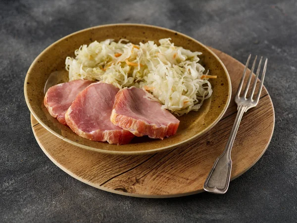 Backed Kasseler Pork Steak Sauerkraut Smoked Pork Lion Sliced Smoked — Stock Photo, Image