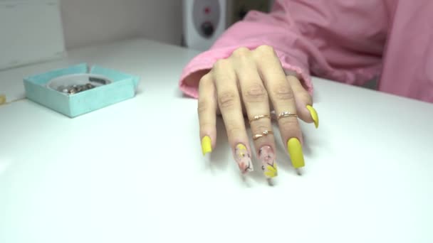 손톱에 페인트를칠 하는 무늬가 그려져 있습니다. 매니큐어 클로즈업. 아름다운 손톱 매미. — 비디오