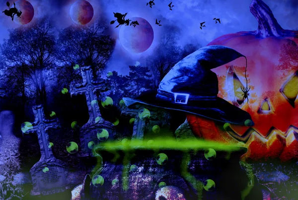 Halloween-Hintergrund mit glühend grünem Hexenkessel Stockbild