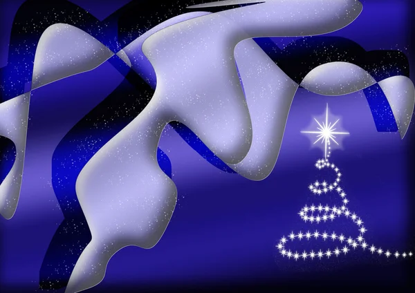 Tmavě modré stříbrné abstraktní vánoční design s zářící hvězdičky a vánoční stromeček — Stock fotografie