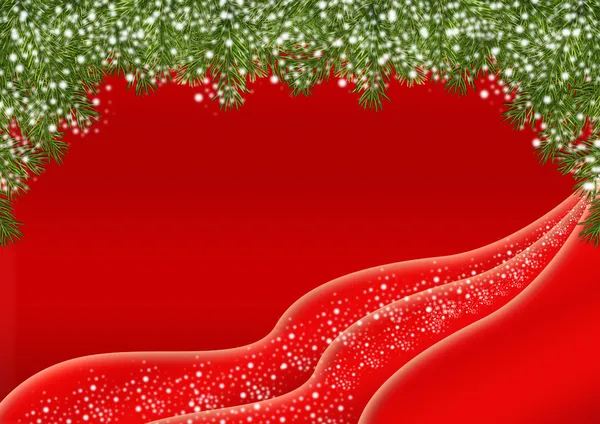 Red Christmas background design with green fur decorations — Stock Photo, Image