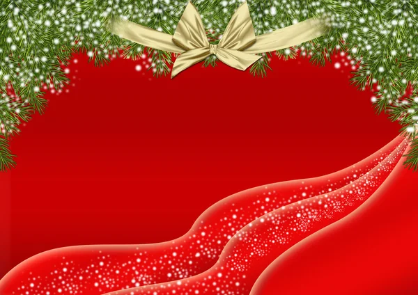 Red Christmas background design with green fur decorations — Stock Photo, Image