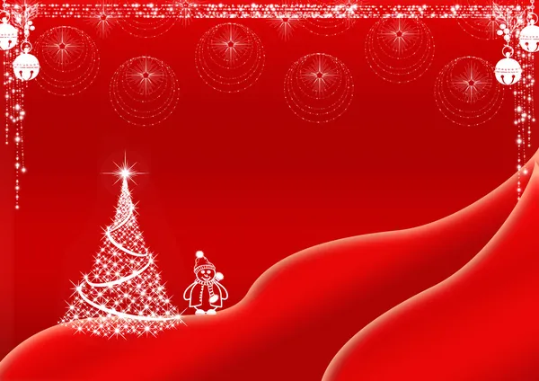 Red Christmas background design with white Christmas tree and snowman — Stock Photo, Image