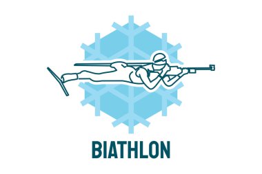 Biatlon spor vektör çizgisi ikonu. Kayak logosu olan sporcu, ekipman tabelası. spor resimleme
