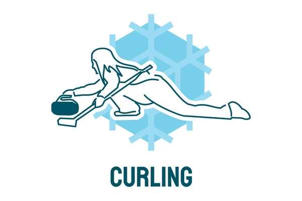 Curling Deporte Icono Línea Vectorial Deportista Con Piedras Rizadas Letrero — Archivo Imágenes Vectoriales