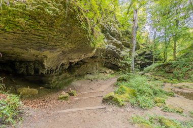 Toprak yolu, yosun kaplı kaya oluşumları, apaçitalar veya cairns, arka planda yeşil yapraklı yabani bitki ve ağaçlar, Mullerthal Trail, Lüksemburg 'da yürüyüş için güneşli bir yaz günü