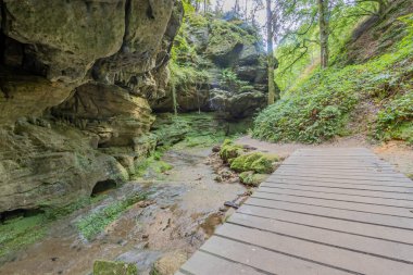 Büyük bir kaya oluşumu ile ahşap bir patika, yeşil yabani bitki örtüsü ve arka plan arasında az su olan akarsu, Mullerthal Trail, Lüksemburg 'da yaz günü yürüyüş.