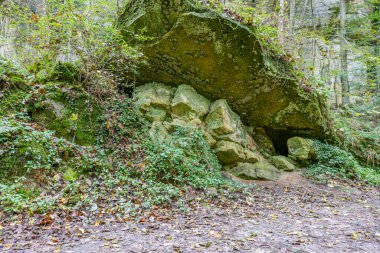 Daha düşük bir perspektiften, pürüzlü ve dengesiz bir dokudan bakıldığında, Lüksemburg 'da yaz günü Mullerthal Trail' deki toprak yol, yosun ve yabani bitki örtüsüyle kaplı dev bir kumtaşı kayası.