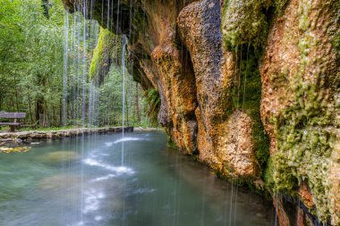 Kallektuffquell şelalesindeki bir havzaya, arka plandaki ağaçlara, Mullerthal Trail, Lüksemburg 'daki yosun kaplı kaya oluşumlarından dökülen Calcareous kristal su. Uzun gösterim resmi