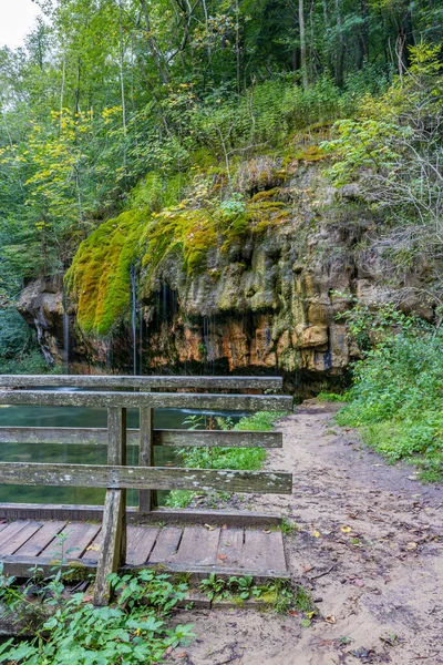 Mullerthal Trail Ponte Madeira Sobre Uma Nascente Cachoeira Kallektuffquell Vegetação — Fotografia de Stock