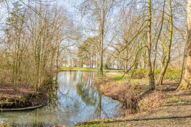 Stream with clean and crystal clear water with reflection on the water, surrounded by bare trees, green brown grass and vegetation, sunny day in Proosdij park in Meerssen, South Limburg, Netherlands
