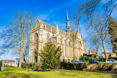 Side view of the Basilica of the Blessed Sacrament or Meerssen Basilica, next to the park Proosdij park with bare trees, sunny winter day with a blue sky in South Limburg, Netherlands Holland