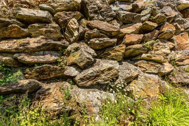 Closeup of irregular shaped natural limestone with plants and green wild grass of a fence, limestone texture, sunny spring day in Clifden, Ireland
