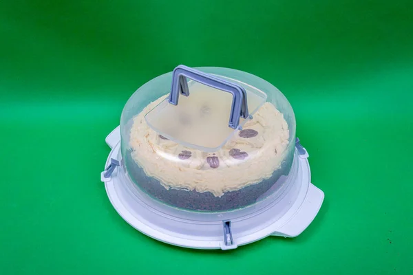 Transparent Plastic Cake Cover Box Gray Handles Top Transportation Cake — Zdjęcie stockowe