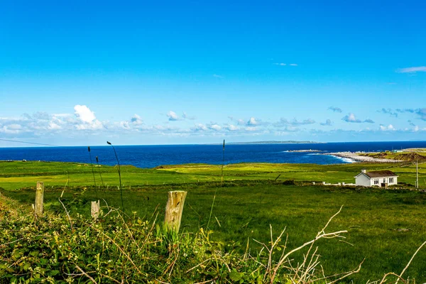 Beautiful view of a field with green grass, the sea and the port of Doolin and the Crab island in the background in the village of Doolin, Wild Atlantic Way, sunny day in county Clare in Ireland
