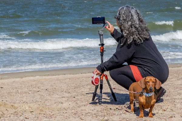 Olgun bir kadın arkası dönük Renesse sahilinde kameraya çekiliyor cep telefonu trimbal kafa dengeleyicisi ile deniz, kahverengi dachshund, Schouwen-Duithe Zeeland, Hollanda 'da