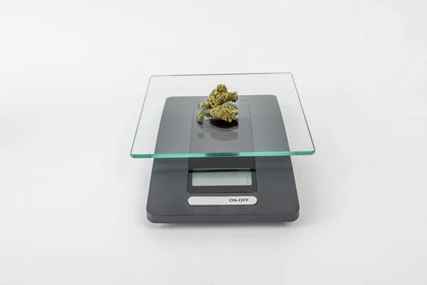 Bir gram kurumuş tıbbi marihuana tomurcuğu beyaz bir stüdyonun arka planında. Kenevir çiçeği soyu, sisli marihuana çiçeği. Alternatif bitkisel tıp konsepti