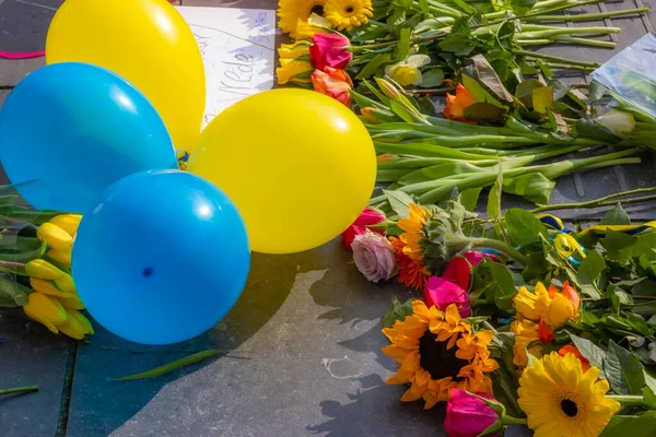 蓝色和黄色的气球在花朵旁边 抗议俄罗斯对乌克兰的武装入侵 和平主义的概念和为世界和平祈祷 荷兰林堡的Roermond — 图库照片