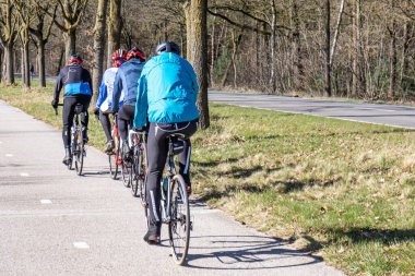 Someren, Kuzey Brabant, Hollanda. 27 Şubat 2022. Kırsal bir yola paralel bisiklet yolunda pedal çeviren bir grup bisikletçi, bolca çıplak ağaç, sırtları kameraya dönük, güneşli bir gün.