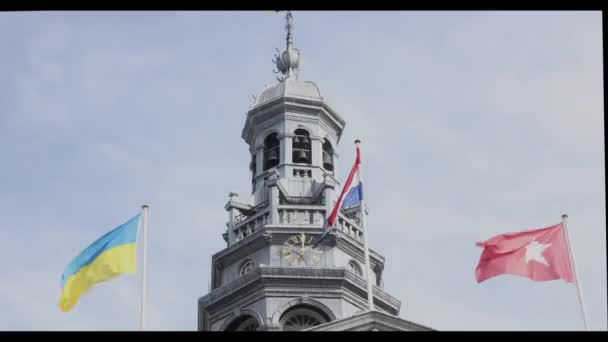 Ukraine Dutch Maastricht Flags Waving Tower Town Hall Building Clock — Stock Video