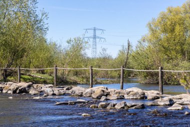 Brug Molenplas 'ın basamak taşları, Oude Maas nehrinde köprü olarak kullanılıyor, ahşap direkler ve ip çitleri, arka planda yeşil ağaçlar, Stevensweert, Güney Limburg, Hollanda' da güneşli bir gün.