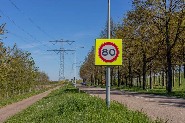 Trafik levhası: kırsal bir yol ile bisiklet yolu arasında maksimum hız 80, ağaçlar, devasa yüksek voltaj kuleleri ve Hollanda 'nın bulanık arka planında dönen arabalar, güneşli bir gün