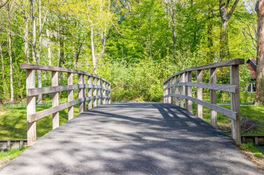 Wooden bridge over a stream with lush green trees and vegetation in the background, bottom and depth perspective, sunny spring day in Heidekamp public park in Stein, South Limburg, Netherlands
