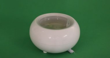 Close-up of pouring essential oil into a white aroma oil diffuser humidifier, against a green studio background. Concept of ambient relaxation at home