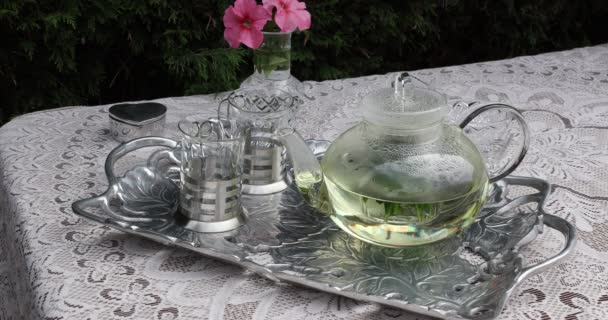 Female Hands Pouring Mint Tea Teapot Cup Table Metal Tray — Vídeo de stock