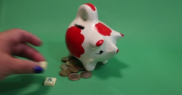 Adult Female Hand Placing Word Savings Next Clay Piggy Bank — 비디오
