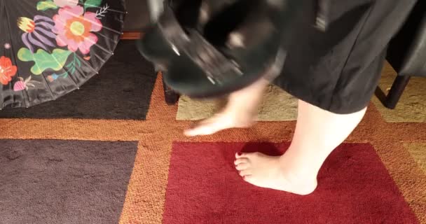Mature Business Woman Walking Sofa Bare Feet Sitting Putting Black — Stock Video