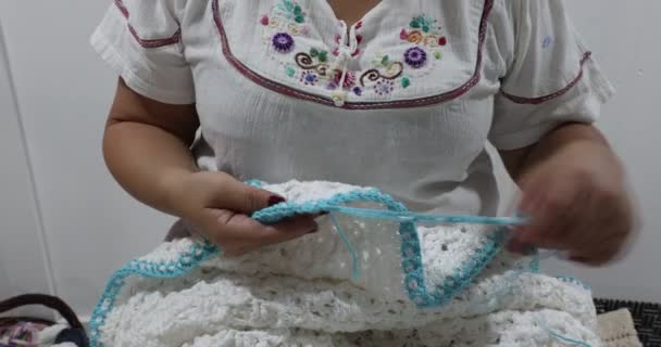 Elderly Female Hands Checking Finished Knitting Edge Elastic Pattern Blue — Stock Video