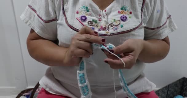 Female Adult Hands Starting Knit Making Mistake Undoing Part Knitting — Stockvideo