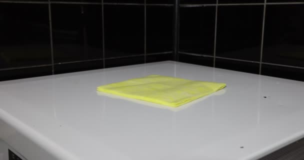 Female Hands Placing Yellow Cloth Red Plastic Gloves Kitchen Sponge — Video