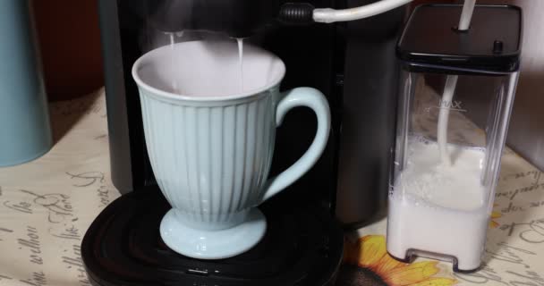 Close Hot Milk Being Poured Mug Electric Coffee Maker Machine — 图库视频影像