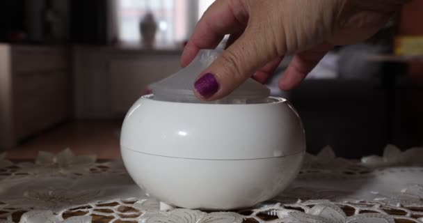 Female Hands Putting Plastic Caps White Aroma Oil Diffuser Humidifier — Stock videók